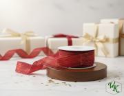 Kostková stuha s metaloplastem a drátem, 25mm, červená 