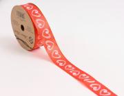 Saténová stuha s bílými srdíčky, šíře 25 mm, červená 